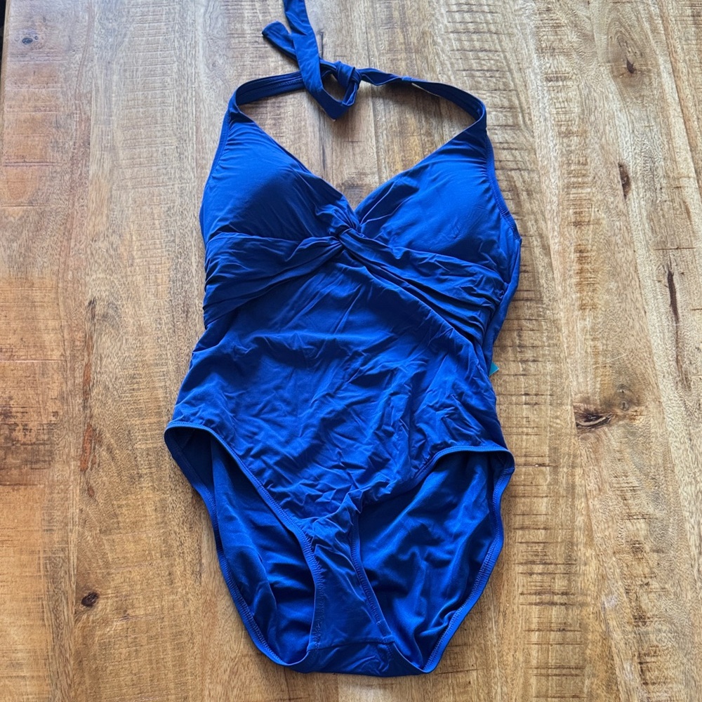Blue Rod Beattie Cobalt Royal Blue One Piece Swimsuit 12 NWT HALTER knot twist